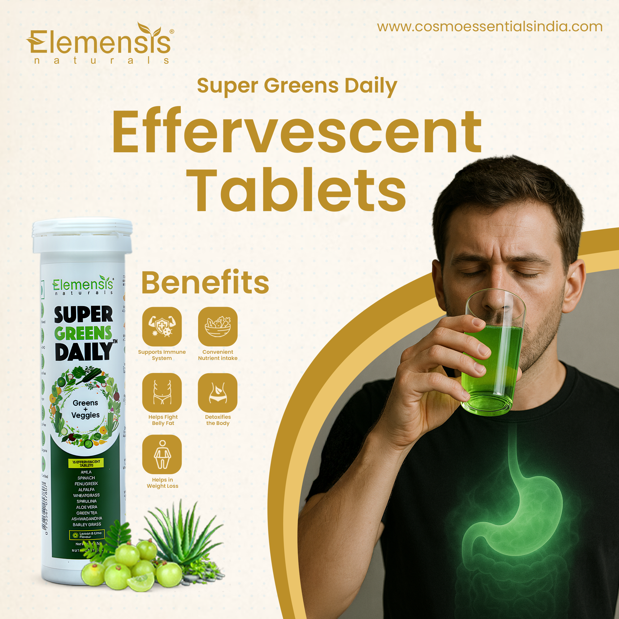 Elemensis Naturals Super Greens Daily Effervescent Tablets | Lemon Lime Flavor Green Supplement with Spirulina, Amla, Fenugreek, Alfalfa, Aloe Vera, Spinach, Green Tea, Wheatgrass, Ashwagandha, Barley Grass| Detox, Immunity & Energy support (15 Tablets)