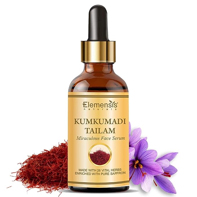 Elemensis Naturals kumkumadi tailam for face whitening & brightening, anti aging kumkumadi oil serum, kumkumadi face oil for glowing skin.
