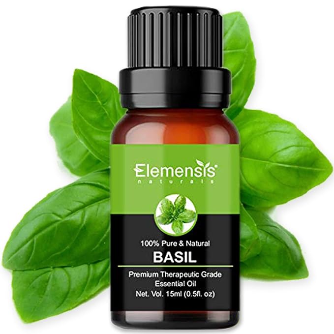 Elemensis Naturals Basil Essential Oil Pure, Natural & Undiluted Therapeutic Grade for Perfect For Cough, Colds, Clear Breathing, Pain, Mosquito Repellent, Aromatherapy, Relaxation