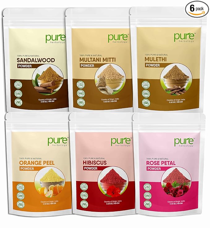 Pure Herbology Pure and Natural Sandalwood Powder, Rose Petal Powder, Orange Peel Powder, Multani Mitti Powder, Mulethi Powder, Hibiscus Powder Combo Pack for face Skin Whitening (each 100gm)