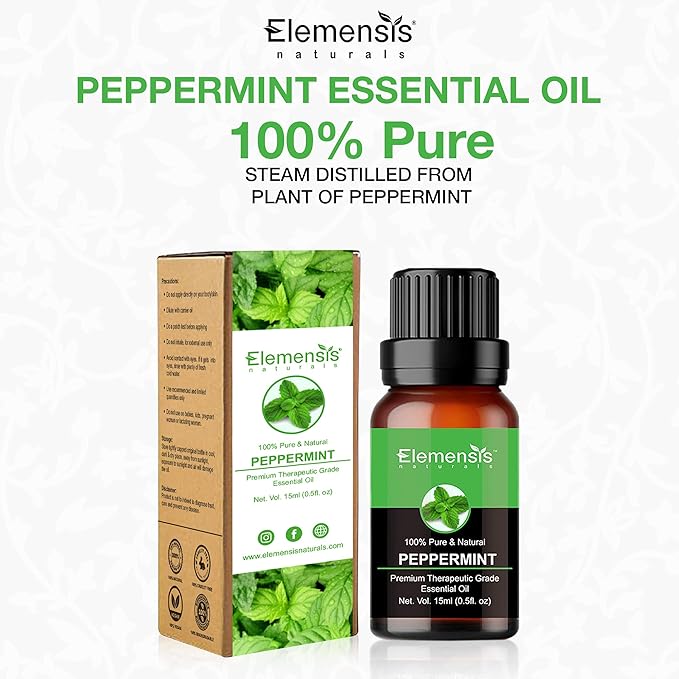 Elemensis Naturals Peppermint Essential Oil Pure, Natural & Undiluted Therapeutic Grade for Hair, Body and Skin