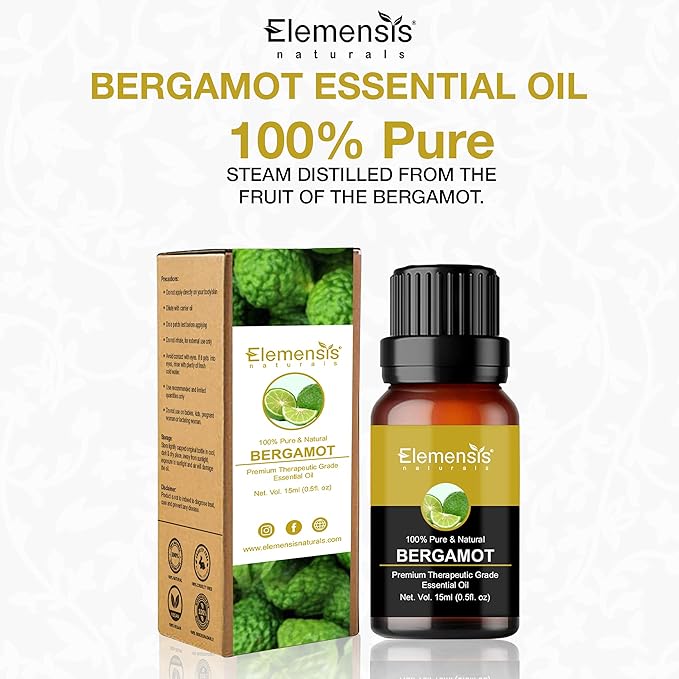 Elemensis Naturals Pure & Natural Bergamot Essential oil for Skin, Hair and Stress Relief, Natural and Therapeutic Grade Essential Oil