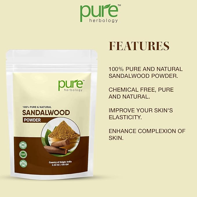 Pure Herbology Pure & Natural Sandalwood Powder for Face, Skin Whitening, Face mask and Facial, Skin Care, (100Gm)