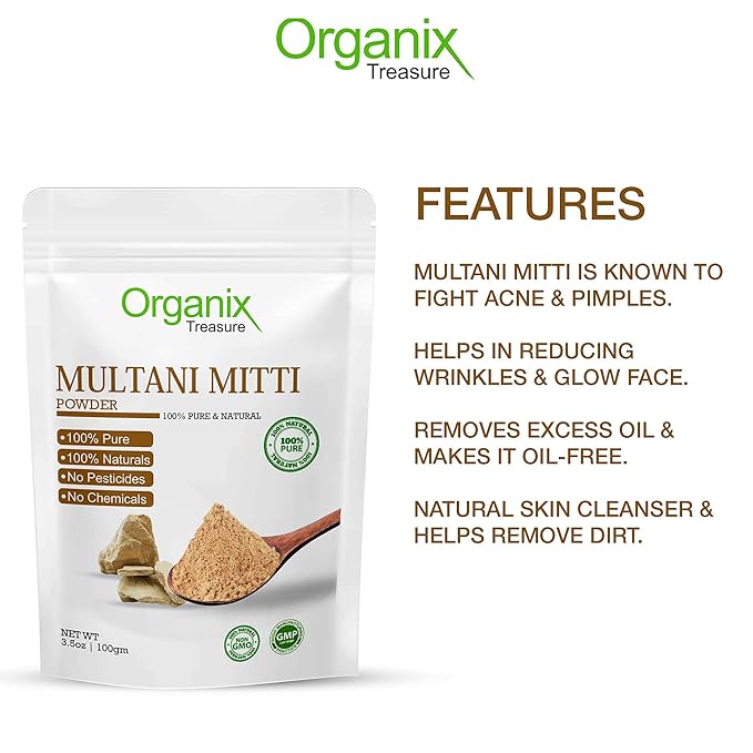Organix Treasure Pure & Natural Herbal Multani Mitti Face Pack Powder for Glowing Dry Skin
