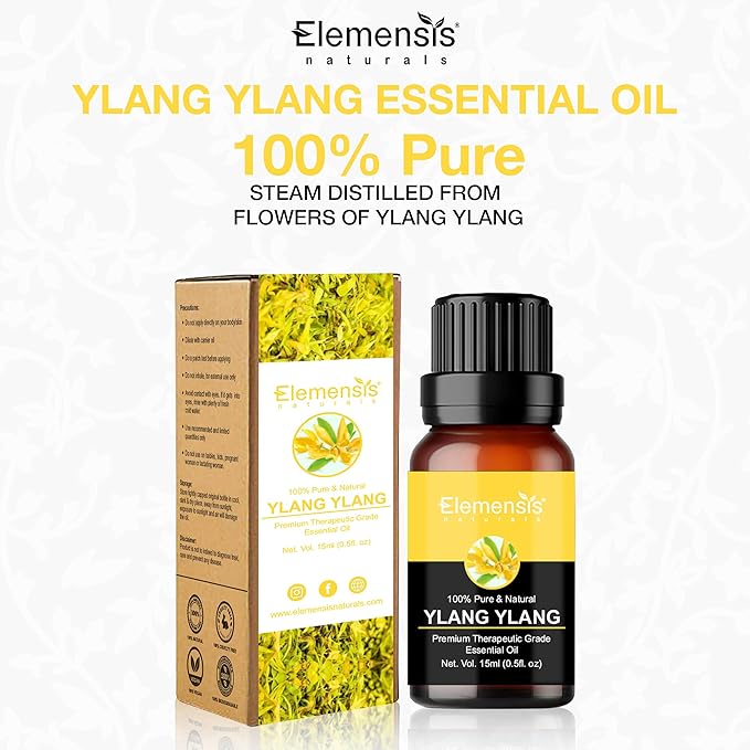 Elemensis Naturals Pure & Natural Ylang Ylang Essential Oils Undiluted for Hair, Skin, Face, Body, Aromatherapy, Massage