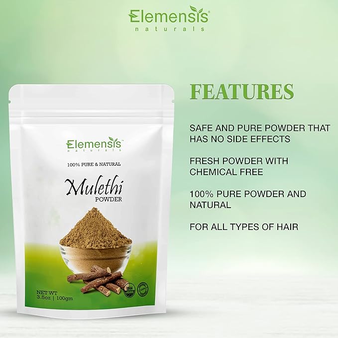 Elemensis Naturals Pure & Natural Mulethi Powder For Skin Whitening, Licorice Powder For Body, Skin and Hair