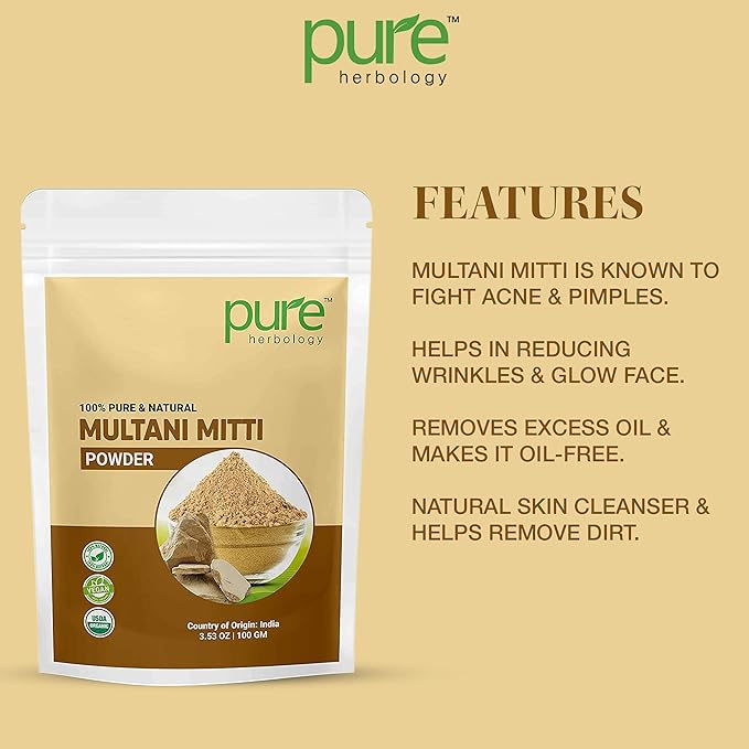 Pure Herbology Pure & Natural Multani Mitti Powder for Face Glowing & Dry Skin, Facial Care, (100Gm)