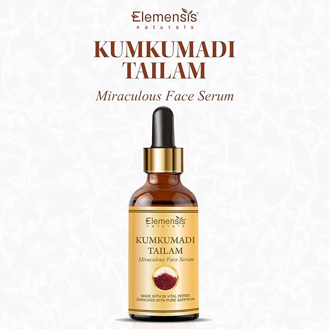 Elemensis Naturals kumkumadi tailam for face whitening & brightening, anti aging kumkumadi oil serum, kumkumadi face oil for glowing skin.