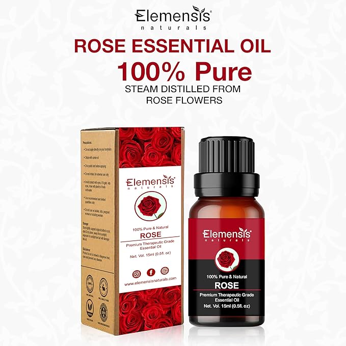 Elemensis Naturals Pure & Natural Rose Essential oil Pure and Natural Therapeutic grade Steam distilled oil for skin care, Hair care, and Aromatherapy