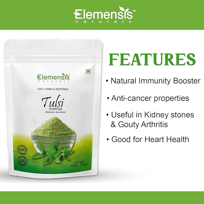Elemensis Naturals Pure Tulsi Powder for Skin & Hair Treatment, Ayurvedic Immunity Booster, Basil powder (Ocimum Sanctum)