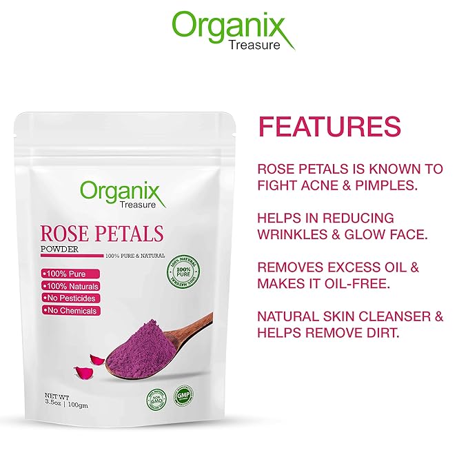 Organix Treasure Pure and Natural Double Filtered Rose Petal Powder For Skin, Face Pack Mask for Fairness, Tanning & Glowing Skin