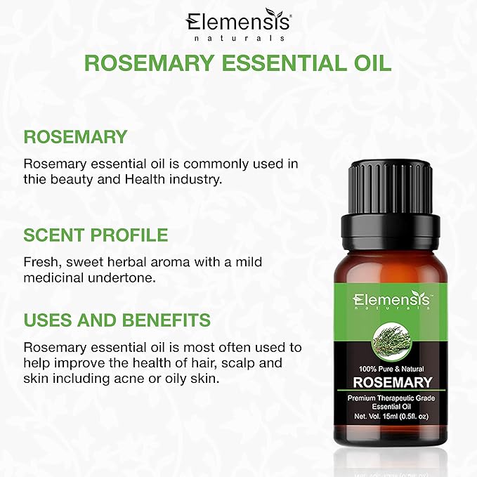 Elemensis Naturals Pure Rosemary Essential oil for hair growth, good vibes, Face & skin, Natural Therapeutic Grade rosemary oil