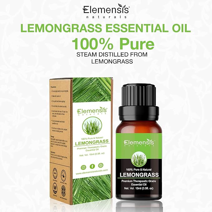 Elemensis Naturals Pure Undiluted Lemon grass Oil for Healthy Skin, Hair, and Scalp, lemon grass oil for diffuser, Essential oil