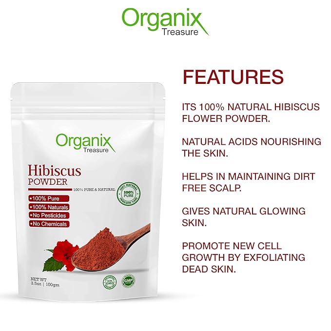 Organix Treasure Pure & Natural Hibiscus Flower Powder for Face Packs and Hair Growth & Care.