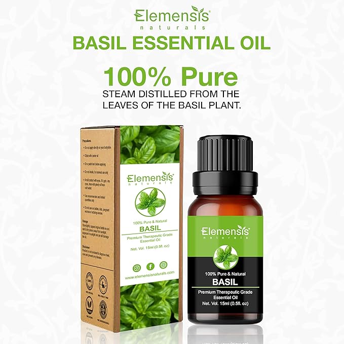 Elemensis Naturals Basil Essential Oil Pure, Natural & Undiluted Therapeutic Grade for Perfect For Cough, Colds, Clear Breathing, Pain, Mosquito Repellent, Aromatherapy, Relaxation