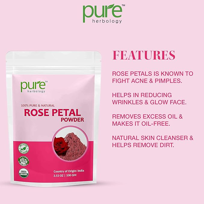 Pure Herbology Pure and Natural Double Filtered Rose Petal Powder For Skin, Face Pack Mask for Fairness, Tanning & Glowing Skin, 100gm