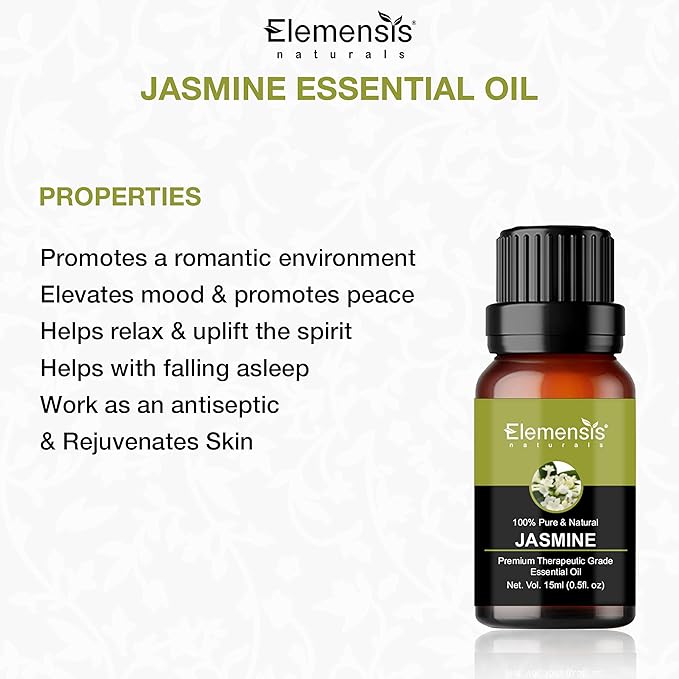 Elemensis Naturals Jasmine Essential Oil Natural and Pure Therapeutic Grade for Healthy Skin, Face, Hair Care, Aromatherapy & Massage