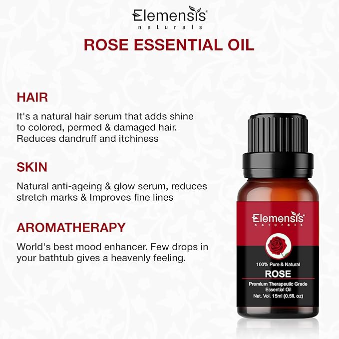 Elemensis Naturals Pure & Natural Rose Essential oil Pure and Natural Therapeutic grade Steam distilled oil for skin care, Hair care, and Aromatherapy