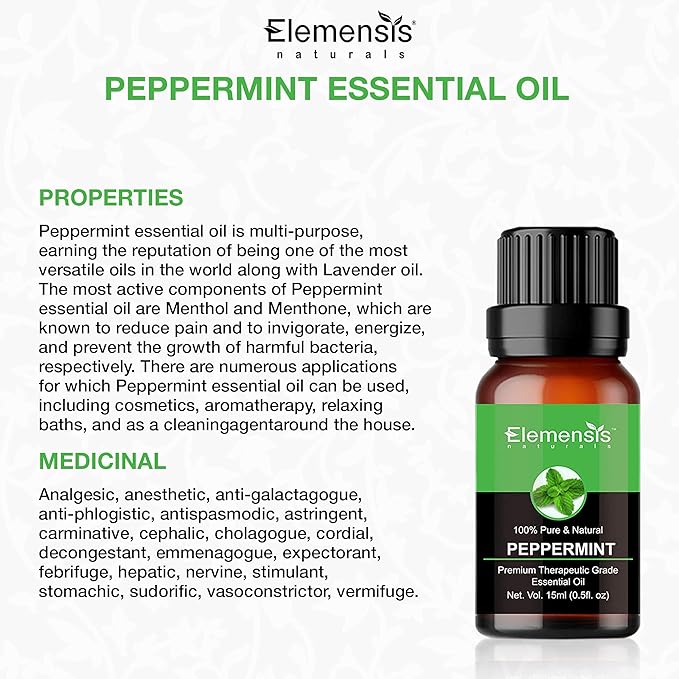 Elemensis Naturals Peppermint Essential Oil Pure, Natural & Undiluted Therapeutic Grade for Hair, Body and Skin