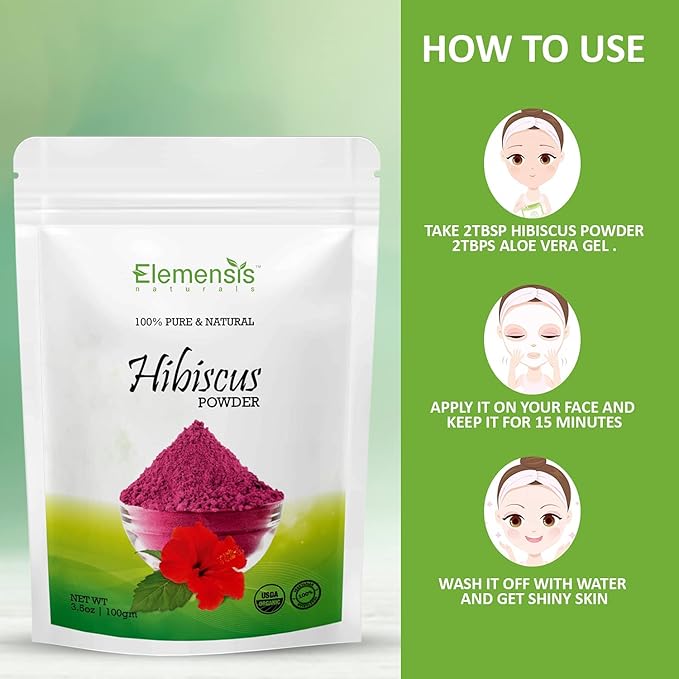 Elemensis Naturals Pure Organically Grown Hibiscus powder for hair care, hair mask, face Mask