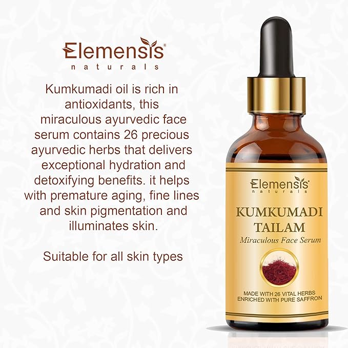 Elemensis Naturals kumkumadi tailam for face whitening & brightening, anti aging kumkumadi oil serum, kumkumadi face oil for glowing skin.