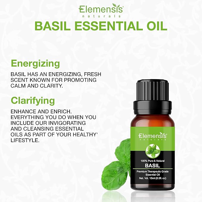 Elemensis Naturals Basil Essential Oil Pure, Natural & Undiluted Therapeutic Grade for Perfect For Cough, Colds, Clear Breathing, Pain, Mosquito Repellent, Aromatherapy, Relaxation