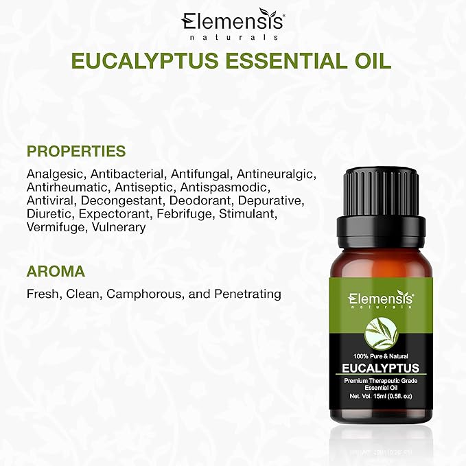 Elemensis Naturals Eucalyptus essential oil, 100% Pure, Natural Undiluted & Organic eucalyptus oil for cold and cough, pain relief, Nilgiri oil