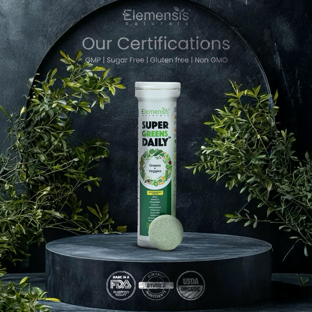 Elemensis Naturals Super Greens Daily Effervescent Tablets | Lemon Lime Flavor Green Supplement with Spirulina, Amla, Fenugreek, Alfalfa, Aloe Vera, Spinach, Green Tea, Wheatgrass, Ashwagandha, Barley Grass| Detox, Immunity & Energy support (15 Tablets)