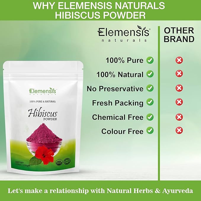 Elemensis Naturals Pure Organically Grown Hibiscus powder for hair care, hair mask, face Mask
