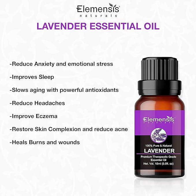 Elemensis Naturals Lavender Essential Oil for Sleep, Hair Growth, Skin Care, 100% Pure, Natural and Undiluted lavender oil