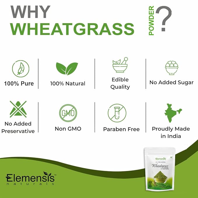 Elemensis Naturals Pure Wheat grass Powder Vegan, Superfood | Antioxidant, Energy, Detox, Immunity Booster, Skin Health, wheatgrass powder