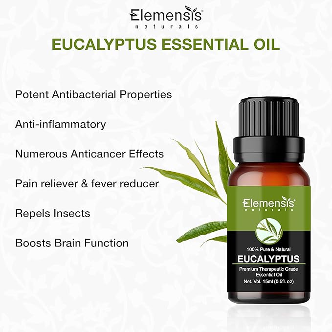 Elemensis Naturals Eucalyptus essential oil, 100% Pure, Natural Undiluted & Organic eucalyptus oil for cold and cough, pain relief, Nilgiri oil