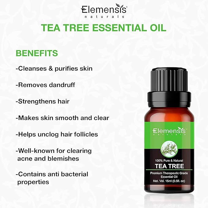 Elemensis Naturals Tea Tree Essential oil for Skin, Hair, Face, Acne Care, 100% Pure, Natural and Undiluted Therapeutic Grade Tea Tree oil