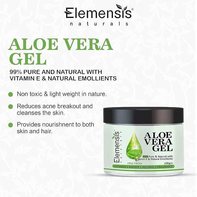 Elemensis Naturals 99% Pure Aloe Vera Gel for face, Multipurpose Beauty Gel for Skin and Hair for Women & Men, (200gm)