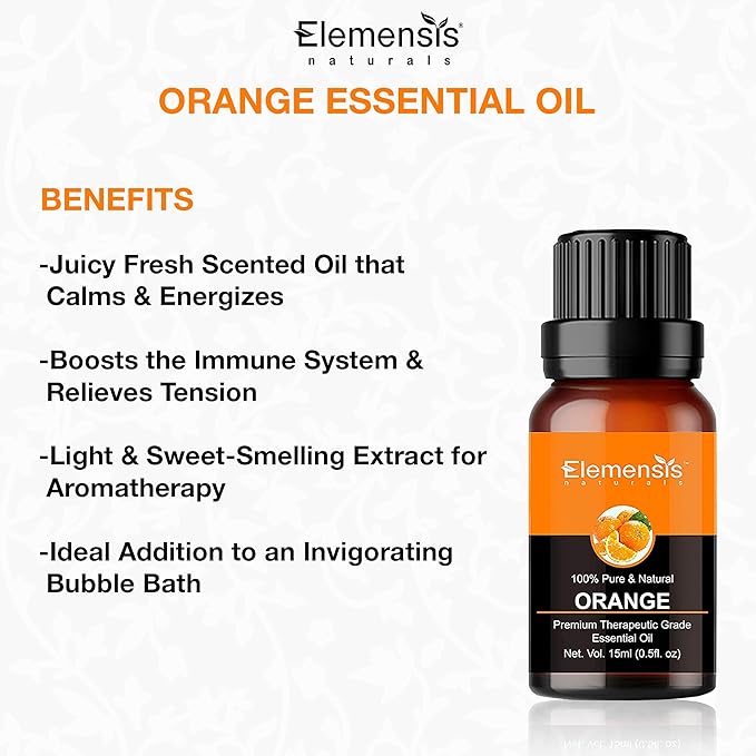 Elemensis Naturals Orange Essential Oil 100% Pure, Undiluted Therapeutic Grade orange oil for Skin, Hair, Body, Face