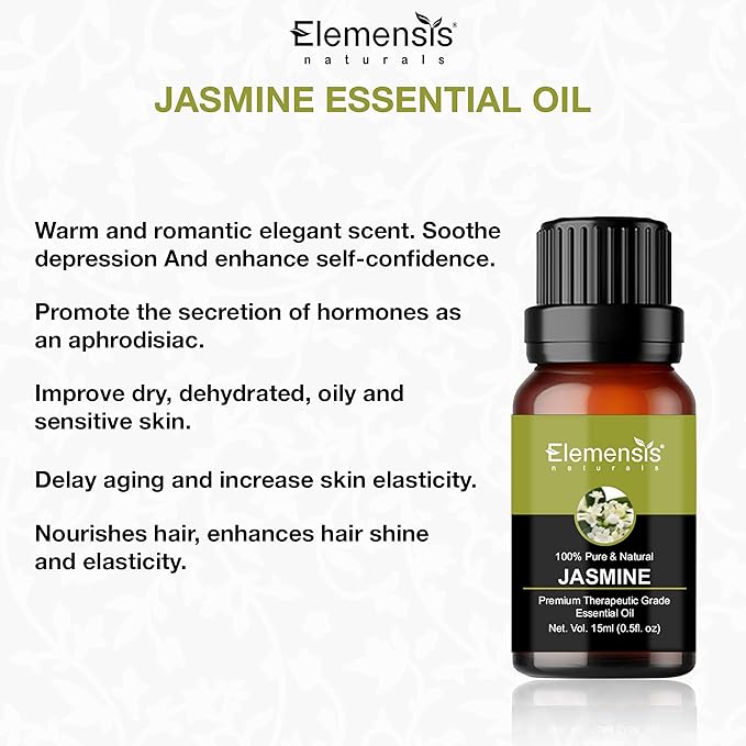 Elemensis Naturals Jasmine Essential Oil Natural and Pure Therapeutic Grade for Healthy Skin, Face, Hair Care, Aromatherapy & Massage