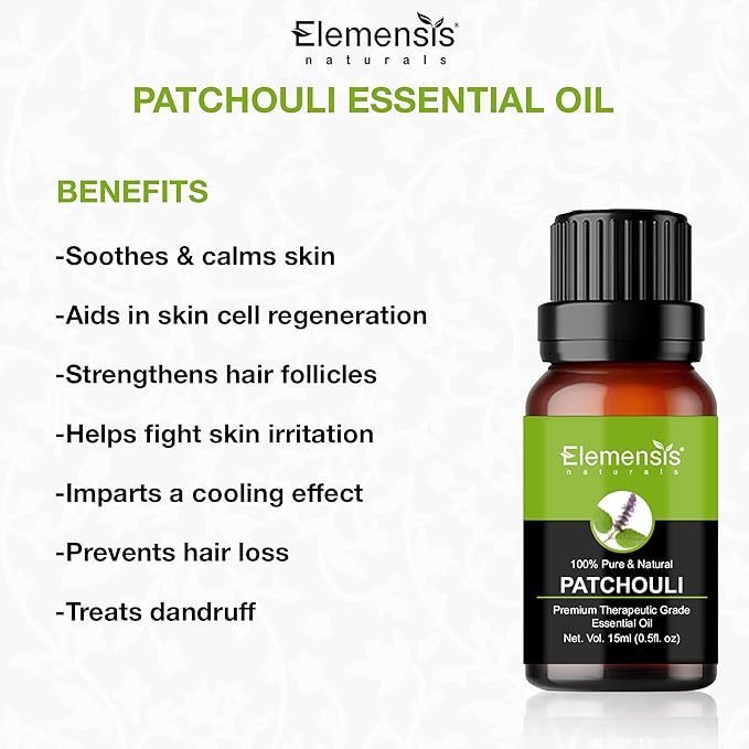 Elemensis Naturals Pure & Natural Patchouli Essential Oil for Undiluted Therapeutic grade for Skin Care, Hair Care, Relief from Stress & Anxiety and Aromatherapy