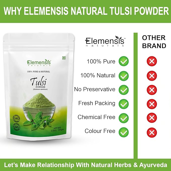 Elemensis Naturals Pure Tulsi Powder for Skin & Hair Treatment, Ayurvedic Immunity Booster, Basil powder (Ocimum Sanctum)
