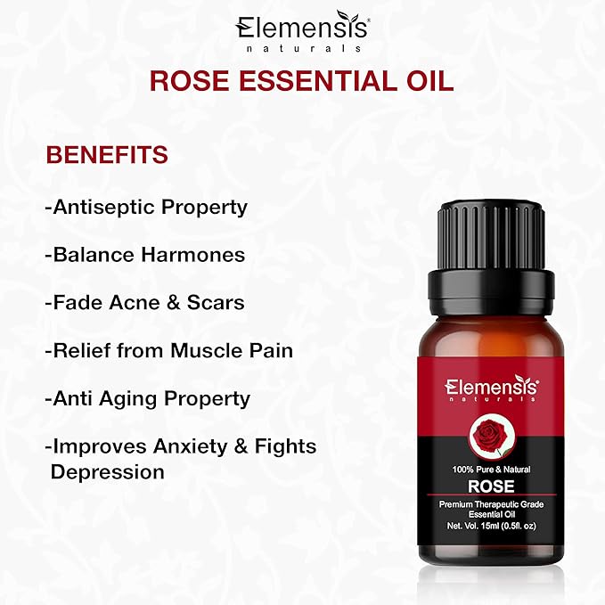 Elemensis Naturals Pure & Natural Rose Essential oil Pure and Natural Therapeutic grade Steam distilled oil for skin care, Hair care, and Aromatherapy