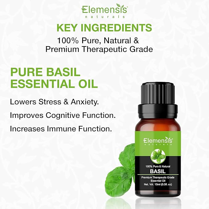 Elemensis Naturals Basil Essential Oil Pure, Natural & Undiluted Therapeutic Grade for Perfect For Cough, Colds, Clear Breathing, Pain, Mosquito Repellent, Aromatherapy, Relaxation