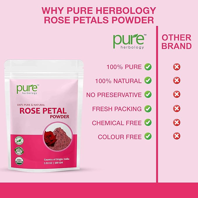 Pure Herbology Pure and Natural Double Filtered Rose Petal Powder For Skin, Face Pack Mask for Fairness, Tanning & Glowing Skin, 100gm