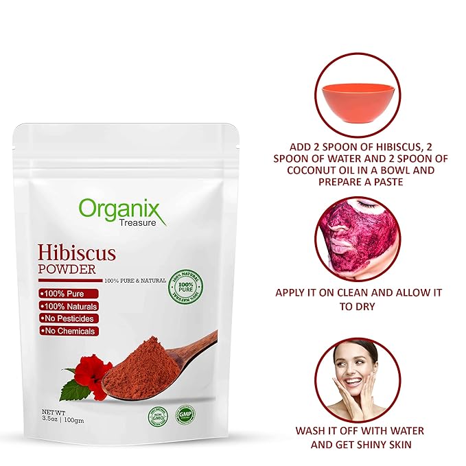 Organix Treasure Pure & Natural Hibiscus Flower Powder for Face Packs and Hair Growth & Care.