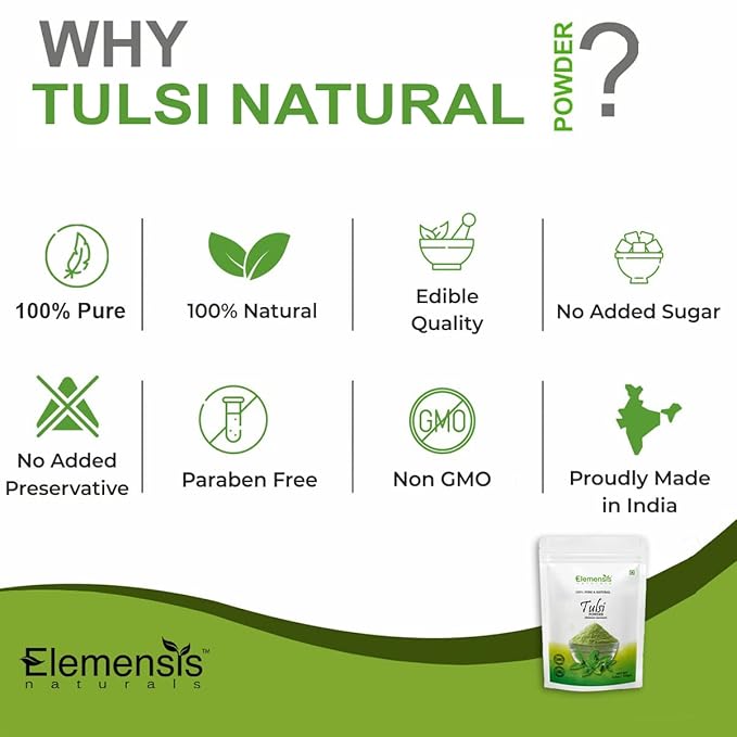 Elemensis Naturals Pure Tulsi Powder for Skin & Hair Treatment, Ayurvedic Immunity Booster, Basil powder (Ocimum Sanctum)