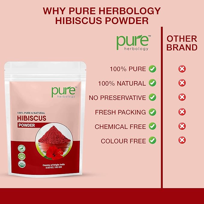 Pure Herbology Pure & Natural Hibiscus Flower Powder for Face Packs and Hair Growth & Care, 100gm