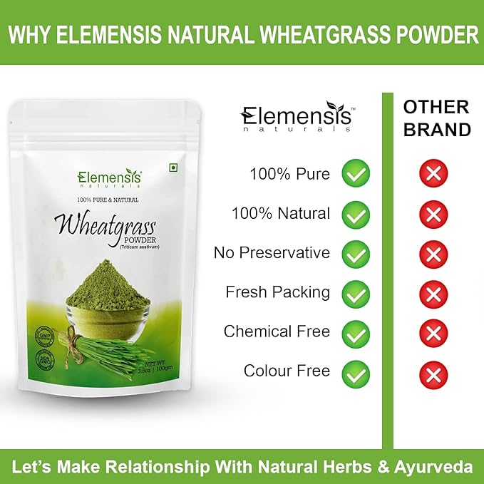 Elemensis Naturals Pure Wheat grass Powder Vegan, Superfood | Antioxidant, Energy, Detox, Immunity Booster, Skin Health, wheatgrass powder