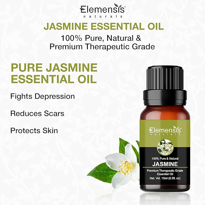 Elemensis Naturals Jasmine Essential Oil Natural and Pure Therapeutic Grade for Healthy Skin, Face, Hair Care, Aromatherapy & Massage