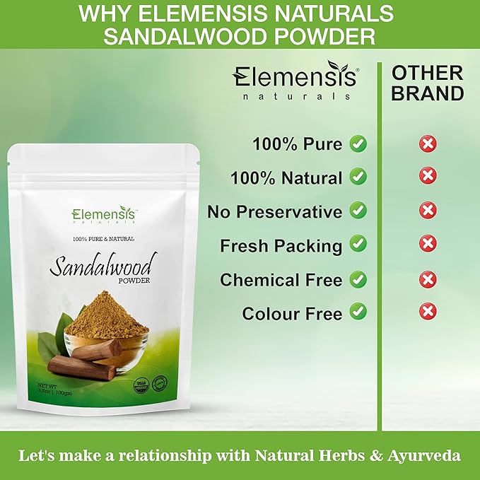 Elemensis Naturals Pure & Natural Sandalwood Powder for Face, Skin Whitening, Face mask and Facial, Skin Care, 100g, 200g, 300g