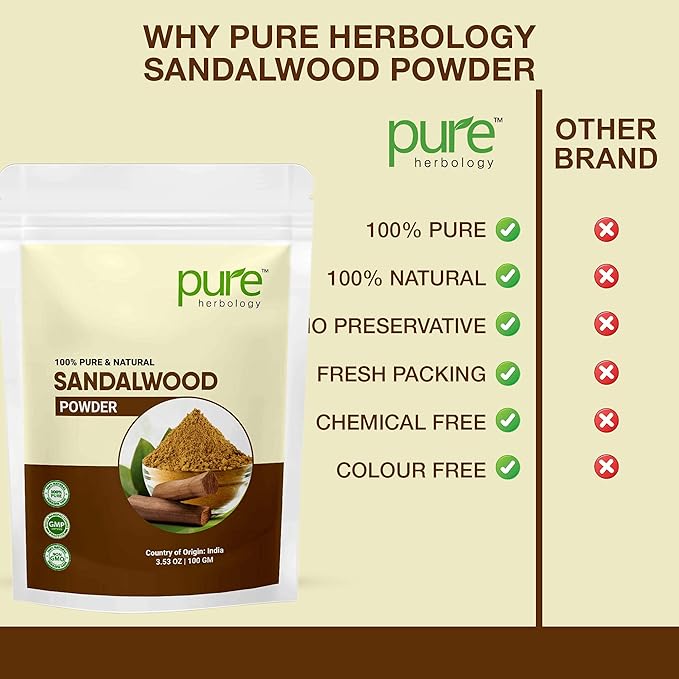 Pure Herbology Pure & Natural Sandalwood Powder for Face, Skin Whitening, Face mask and Facial, Skin Care, (100Gm)