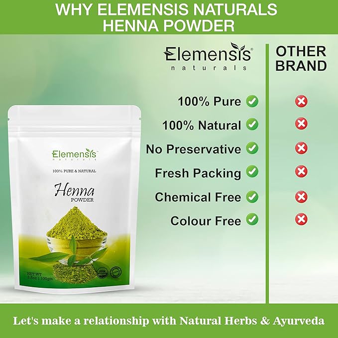 Elemensis Naturals Pure & Natural Henna powder for Healthy and Strong Hair and Hair fall Control Repairs damaged hair