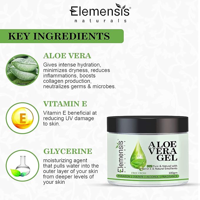 Elemensis Naturals 99% Pure Aloe Vera Gel for face, Multipurpose Beauty Gel for Skin and Hair for Women & Men, (200gm)